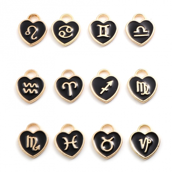 Picture of Zinc Based Alloy Valentine's Day Charms Heart Gold Plated Black Constellation Enamel 14mm x 12mm, 1 Packet ( 12 PCs/Packet)
