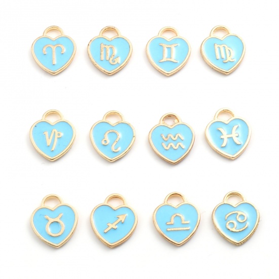 Picture of Zinc Based Alloy Valentine's Day Charms Heart Gold Plated Skyblue Constellation Enamel 14mm x 12mm, 1 Packet ( 12 PCs/Packet)