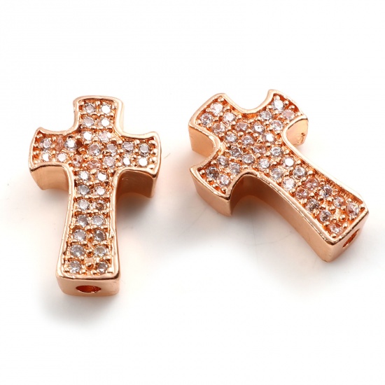 Picture of Brass Religious Spacer Beads Rose Gold Cross Micro Pave Clear Cubic Zirconia 14mm x 9mm, Hole: Approx 1.7mm, 2 PCs                                                                                                                                            