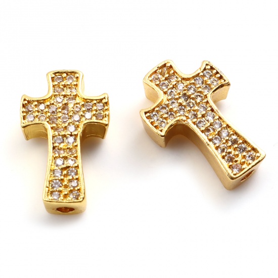 Picture of Brass Religious Spacer Beads Gold Plated Cross Micro Pave Clear Cubic Zirconia 14mm x 9mm, Hole: Approx 1.7mm, 2 PCs                                                                                                                                          