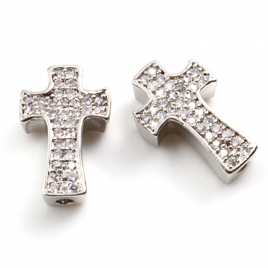 Picture of Brass Religious Spacer Beads Silver Tone Cross Micro Pave Clear Cubic Zirconia 14mm x 9mm, Hole: Approx 1.7mm, 2 PCs                                                                                                                                          