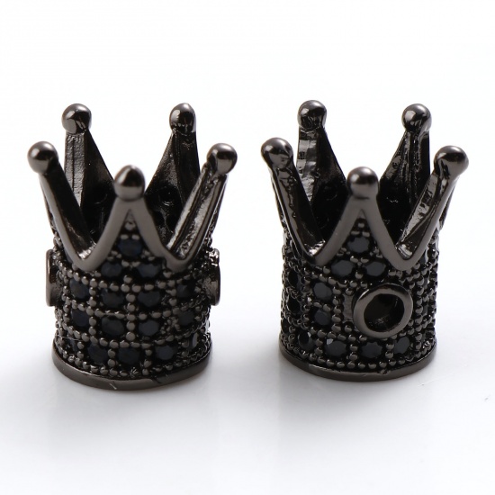 Picture of Brass Micro Pave Spacer Beads Gunmetal Crown Black Cubic Zirconia 12mm x 10mm, Hole: Approx 2mm, 2 PCs                                                                                                                                                        