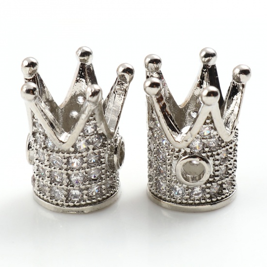 Picture of Brass Micro Pave Spacer Beads Silver Tone Crown Clear Cubic Zirconia 12mm x 10mm, Hole: Approx 2mm, 2 PCs                                                                                                                                                     
