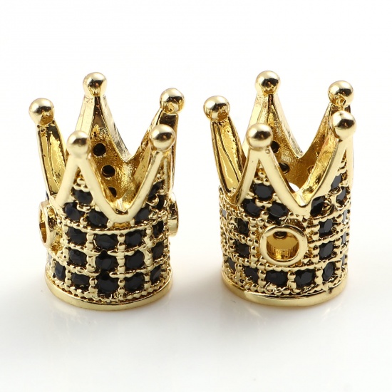 Picture of Brass Micro Pave Spacer Beads Gold Plated Crown Black Cubic Zirconia 12mm x 10mm, Hole: Approx 2mm, 2 PCs                                                                                                                                                     