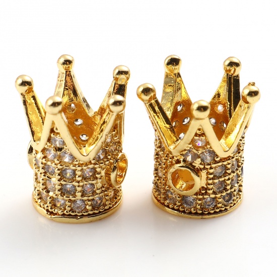 Picture of Brass Micro Pave Spacer Beads Gold Plated Crown Clear Cubic Zirconia 12mm x 10mm, Hole: Approx 2mm, 2 PCs                                                                                                                                                     