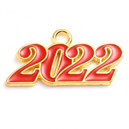 Picture of Zinc Based Alloy Year Pendants Number Gold Plated Red Message " 2022 " Enamel 38mm x 19mm, 5 PCs