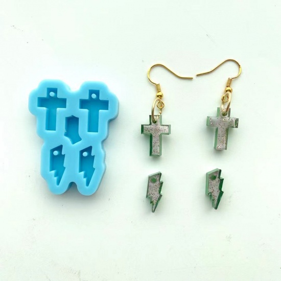Picture of Silicone Resin Mold For Jewelry Making Pendant Earrings  Cross Lightning Blue 4.6cm x 3.5cm, 1 Piece