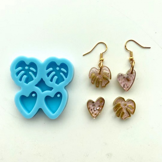Picture of Silicone Resin Mold For Jewelry Making Pendant Earrings  Heart Leaf Blue 4.5cm x 4.5cm, 1 Piece