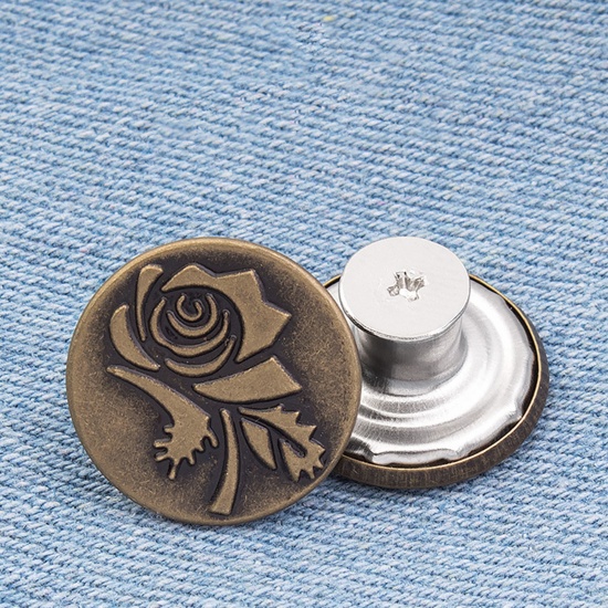 Picture of Zinc Based Alloy Metal Detachable Instant Snap Tack Fastener Adjustable Detachable Retractable Jeans Buttons Pant Waistband Extender Round Bronzed Rose Flower Carved 17mm Dia., 2 PCs