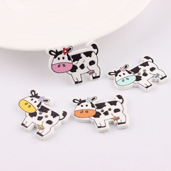 Picture of Wood Sewing Buttons Scrapbooking 2 Holes Milk Cow Animal Multicolor 27mm x 22mm, 1 Packet ( 50 PCs/Packet)