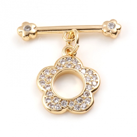 Picture of Brass Toggle Clasps 18K Real Gold Plated Flower Hollow 20mm x 19mm, 1 Piece