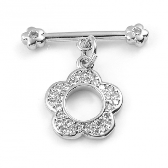 Picture of Brass Toggle Clasps Real Platinum Plated Flower Hollow 20mm x 19mm, 1 Piece