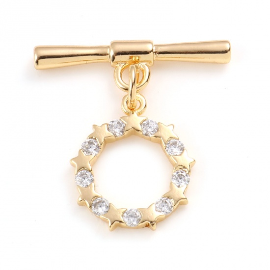 Bild von Messing Knebelverschluss 18K Echtgold plattiert Rund Stern Hohl Transparent Strass 23mm x 22mm, 1 Stück
