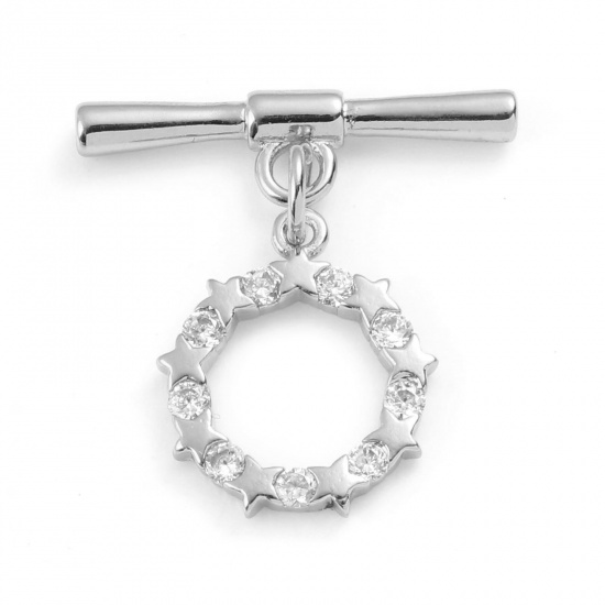 Bild von Messing Knebelverschluss Echt Platin plattiert Rund Stern Hohl Transparent Strass 23mm x 22mm, 1 Stück