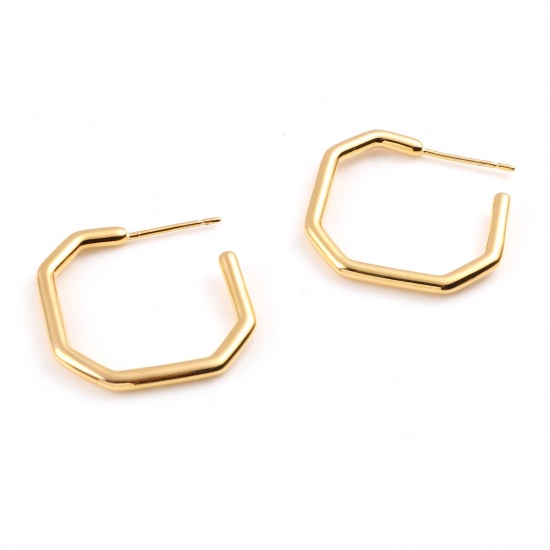 Immagine di Ottone orecchino cerchio 18K Vero Oro Placcato Poligono 25mm x 25mm, Dimensione di Posta / Cavo: 0.7mm, 2 Pz