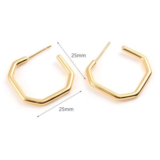 Immagine di Ottone orecchino cerchio 18K Vero Oro Placcato Poligono 25mm x 25mm, Dimensione di Posta / Cavo: 0.7mm, 2 Pz