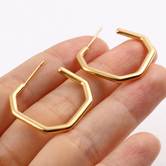 Immagine di Ottone orecchino cerchio 18K Vero Oro Placcato Poligono 25mm x 25mm, Dimensione di Posta / Cavo: 0.7mm, 2 Pz