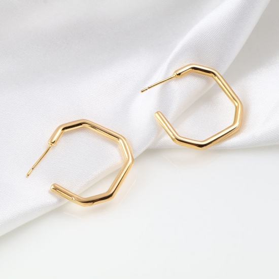Immagine di Ottone orecchino cerchio 18K Vero Oro Placcato Poligono 25mm x 25mm, Dimensione di Posta / Cavo: 0.7mm, 2 Pz