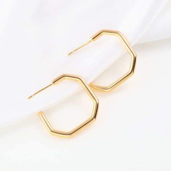 Immagine di Ottone orecchino cerchio 18K Vero Oro Placcato Poligono 25mm x 25mm, Dimensione di Posta / Cavo: 0.7mm, 2 Pz