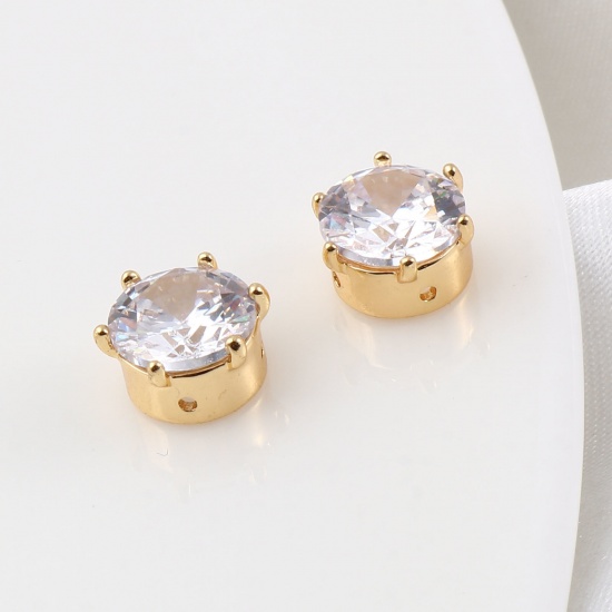 Picture of Brass Beads 18K Real Gold Plated Round Clear Rhinestone About 9mm Dia, Hole: Approx 0.9mm, 2 PCs                                                                                                                                                              