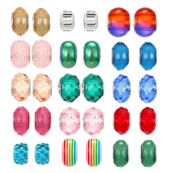 Picture of Acrylic European Style Large Hole Charm Beads Silver Plated Mixed Color Round 14mm - 10mm Dia., Hole: Approx 5.5mm-5mm, 1 Packet(30 Pcs/Packet)