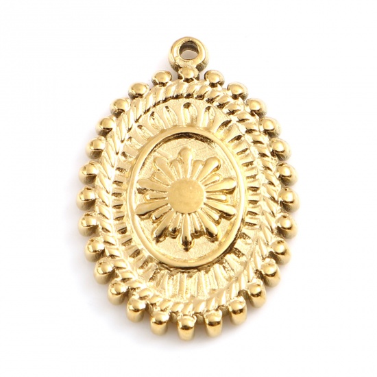 Immagine di 201 Acciaio Inossidabile Charms Ovale Oro Placcato Fiore 19mm x 14mm, 1 Pz