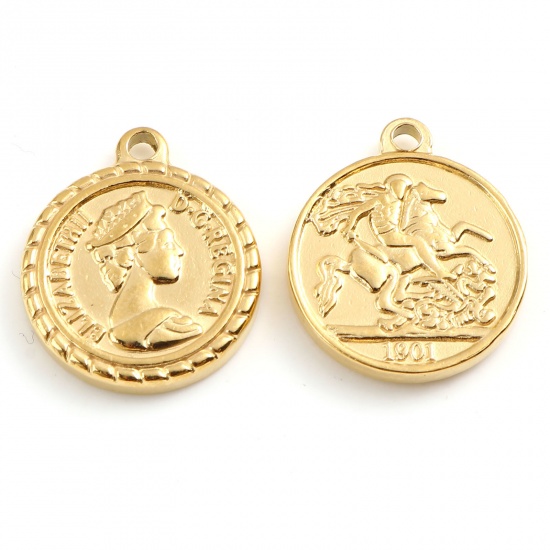 201ステンレス鋼 チャーム コイン 金メッキ アイコン 21mm x 18mm、 1 個 の画像