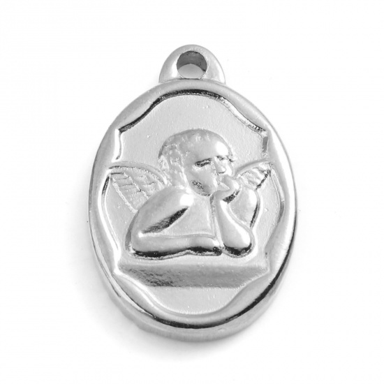 Picture of 201 Stainless Steel Religious Charms Silver Tone Oval Angel 22mm x 15mm, 1 Piece