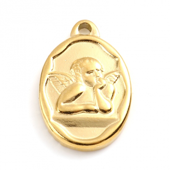 Picture of 201 Stainless Steel Religious Charms Gold Plated Oval Angel 22mm x 15mm, 1 Piece