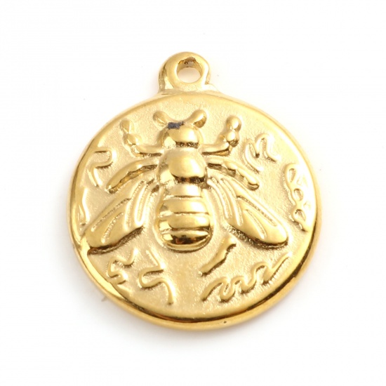 201ステンレス鋼 昆虫 チャーム 円形 金メッキ 蜂 18mm x 15mm、 1 個 の画像