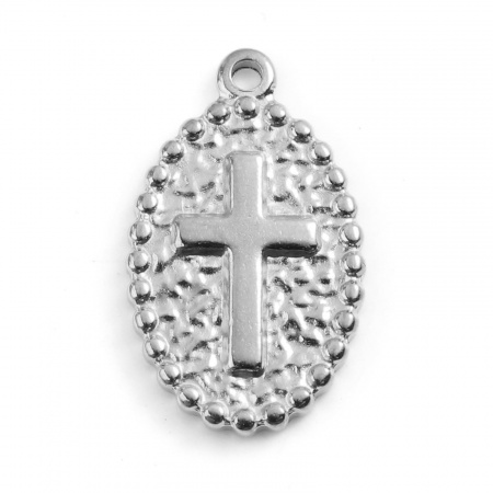 Picture of 201 Stainless Steel Religious Charms Silver Tone Oval Cross 23mm x 14mm, 1 Piece