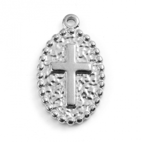 Image de Breloques en 201 Acier Inoxydable Religieux Ovale Argent Mat Croix 23mm x 14mm , 1 Pièce
