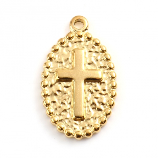 Image de Breloques en 201 Acier Inoxydable Religieux Ovale Doré Croix 23mm x 14mm , 1 Pièce