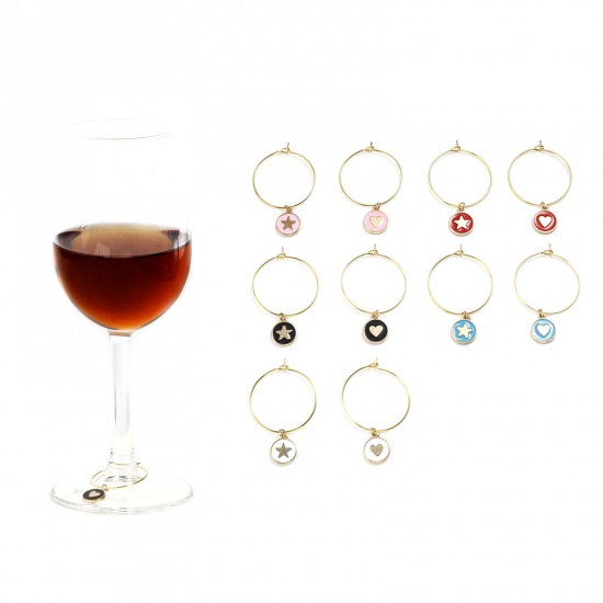 Immagine di Lega di Zinco Charm per Bicchiere di Vino Tondo Stella Colore Misto 4.5cm x 3cm, 1 Serie (Circa 10 Pz/Serie)