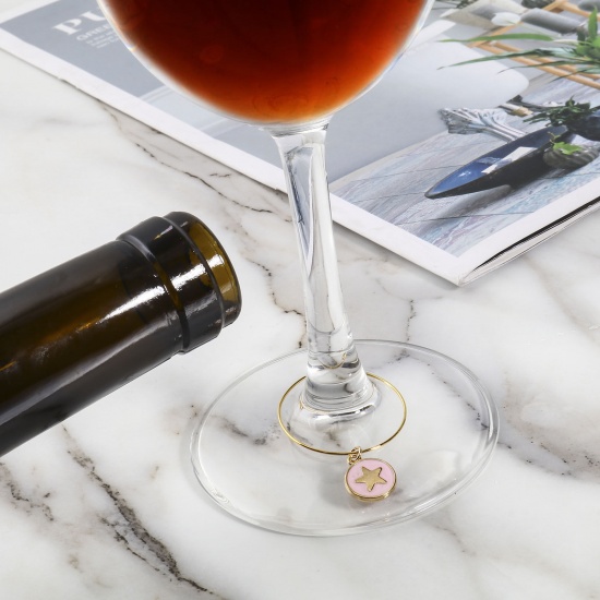 Immagine di Lega di Zinco Charm per Bicchiere di Vino Tondo Stella Colore Misto 4.5cm x 3cm, 1 Serie (Circa 10 Pz/Serie)