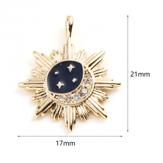 Picture of Brass Galaxy Charms Sun 18K Real Gold Plated Moon Micro Pave Clear Rhinestone 21mm x 17mm, 1 Piece                                                                                                                                                            
