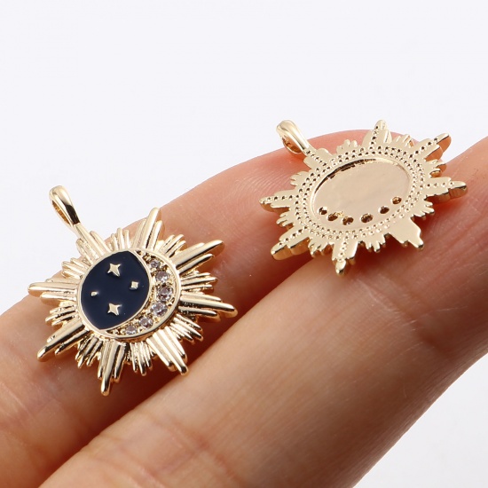 Picture of Brass Galaxy Charms Sun 18K Real Gold Plated Moon Micro Pave Clear Rhinestone 21mm x 17mm, 1 Piece                                                                                                                                                            