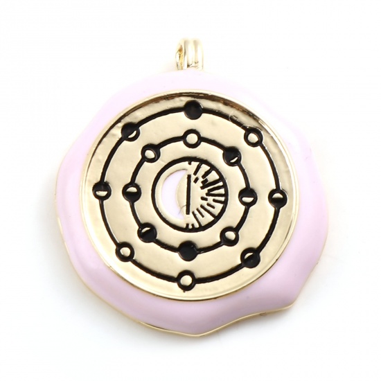 Picture of Brass Galaxy Pendants Moon Phases 18K Real Gold Plated Pink Round Enamel 31mm x 27mm, 1 Piece                                                                                                                                                                 