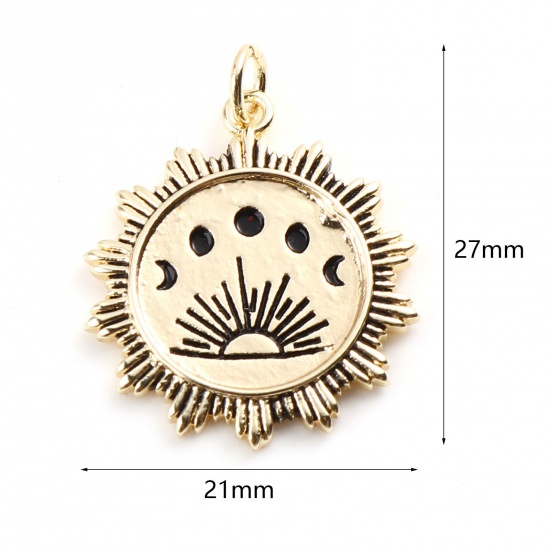 Image de Breloques Galaxie en Laiton Éclipse de Lune Plaqué Or Véritable 18K Noir Soleil Émail 27mm x 21mm, 1 Pièce