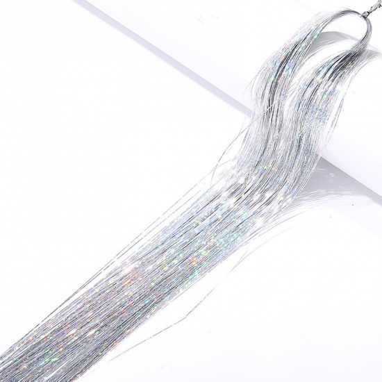 Picture of Plastic Silk Thread Hair Accessories Findings Silver Color Glitter 90cm, 1 Packet(120Pcs/Packet)