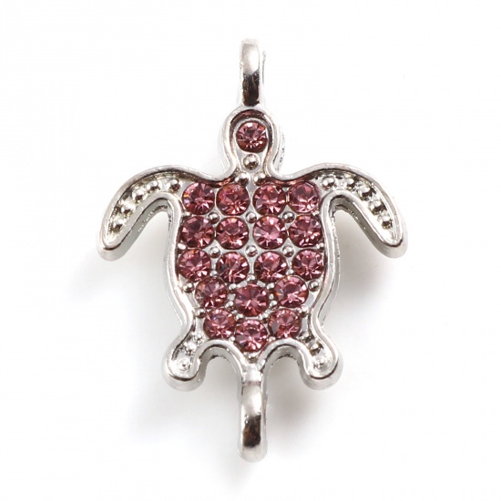 Image de Connecteurs Bijoux d'Océan en Alliage de Zinc Tortue de Mer Argent Mat Micro Pave à Strass Rose 21mm x 15mm, 5 Pcs