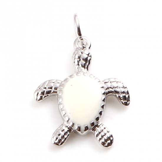 Picture of Brass Ocean Jewelry Charms Silver Tone White Sea Turtle Animal Enamel 20mm x 14mm,                                                                                                                                                                            