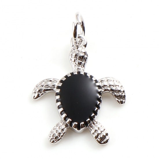 Picture of Brass Ocean Jewelry Charms Silver Tone Black Sea Turtle Animal Enamel 20mm x 14mm,                                                                                                                                                                            