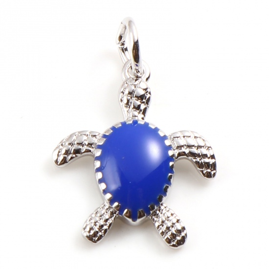 Picture of Brass Ocean Jewelry Charms Silver Tone Blue Sea Turtle Animal Enamel 20mm x 14mm,                                                                                                                                                                             