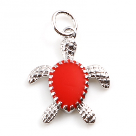 Picture of Brass Ocean Jewelry Charms Silver Tone Red Sea Turtle Animal Enamel 20mm x 14mm,                                                                                                                                                                              