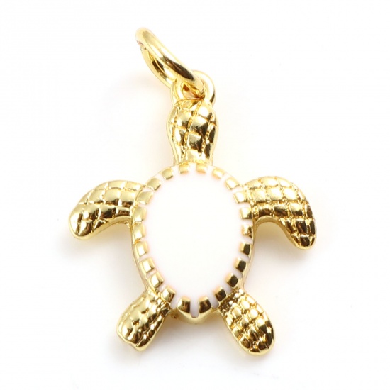 Picture of Brass Ocean Jewelry Charms Gold Plated White Sea Turtle Animal Enamel 20mm x 14mm,                                                                                                                                                                            
