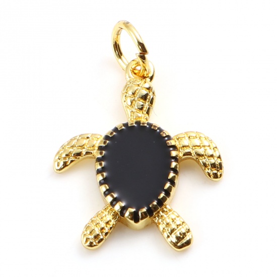 Picture of Brass Ocean Jewelry Charms Gold Plated Black Sea Turtle Animal Enamel 20mm x 14mm,                                                                                                                                                                            