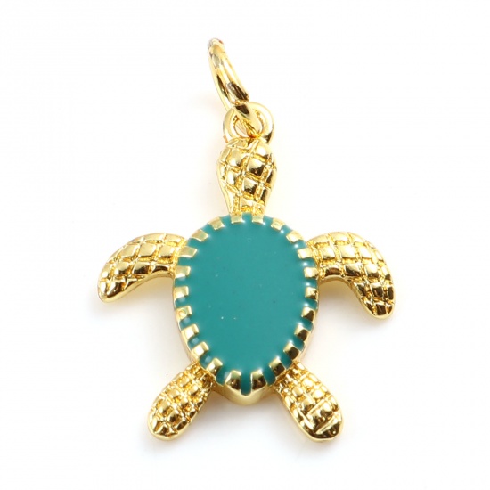 Picture of Brass Ocean Jewelry Charms Gold Plated Green Sea Turtle Animal Enamel 20mm x 14mm,                                                                                                                                                                            