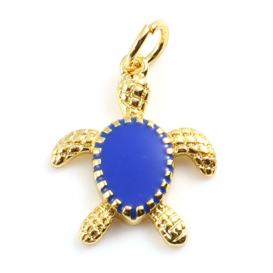 Picture of Brass Ocean Jewelry Charms Gold Plated Blue Sea Turtle Animal Enamel 20mm x 14mm,                                                                                                                                                                             