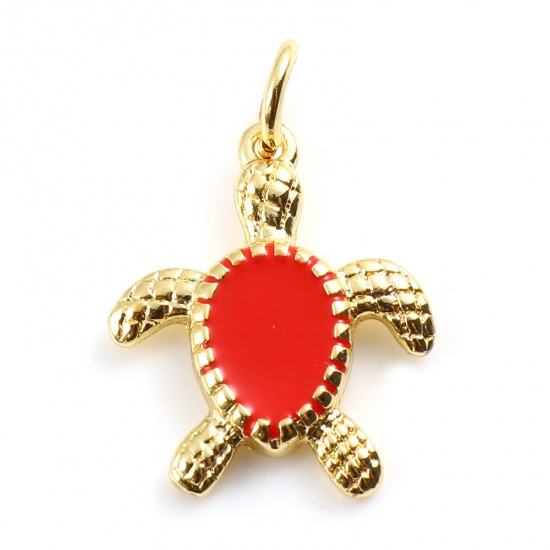 Picture of Brass Ocean Jewelry Charms Gold Plated Red Sea Turtle Animal Enamel 20mm x 14mm,                                                                                                                                                                              